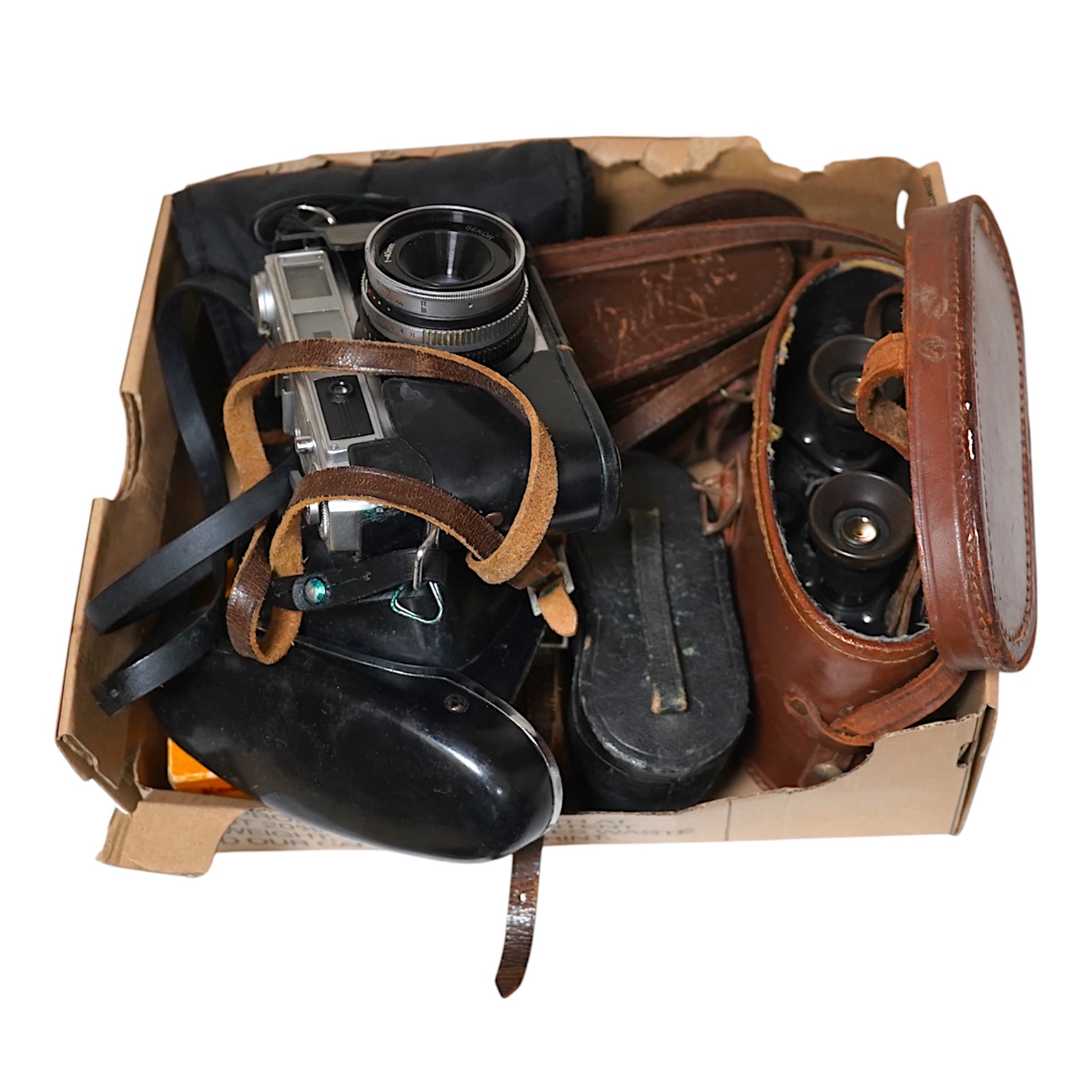 A pair of Taiga binoculars, various cameras etc. Condition - appears fair